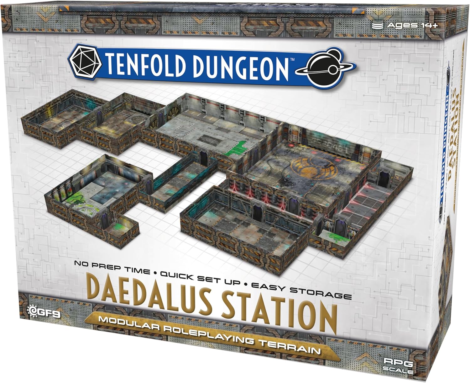 Retail box displaying Tenfold Dungeon: Daedalus Station modular sci-fi RPG terrain