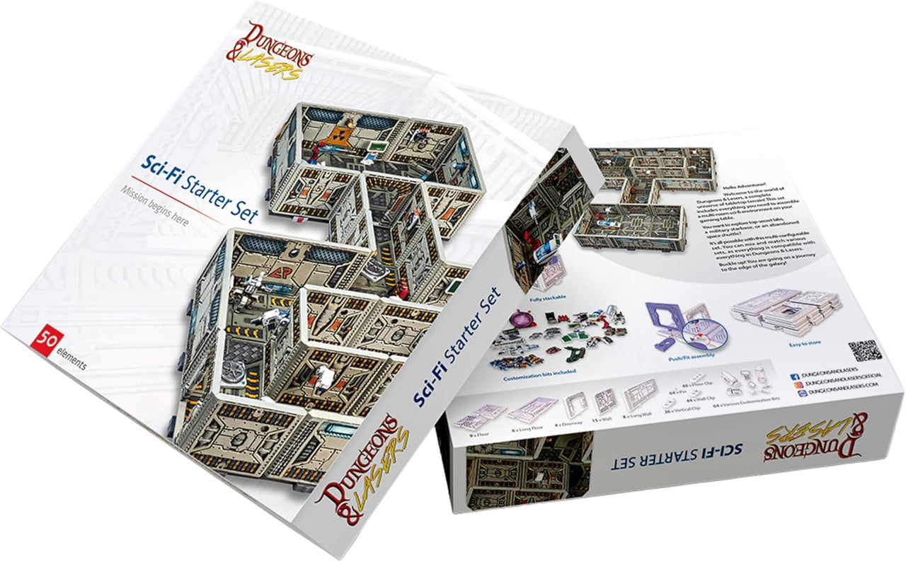 Dungeons & Lasers Sci-Fi Starter Set box, showcasing modular futuristic terrain for tabletop gaming