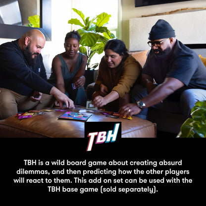 Four friends playing the TBH board game around a coffee table, reaching for cards