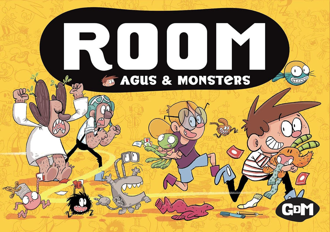Yellow illustration featuring diverse cartoon characters from Room Agus Monsters running and holding items