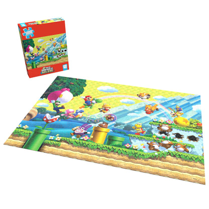 A completed 1000-piece Super Mario Bros. U Deluxe puzzle depicting Mario and friends navigating a vibrant game level. The red puzzle box is also visible