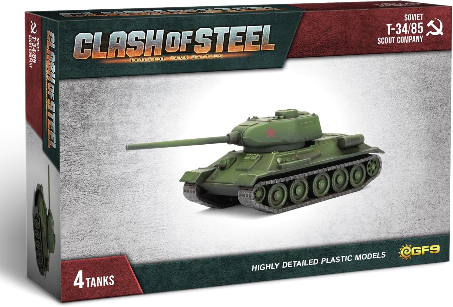 A Clash of Steel tabletop tank battle game box featuring a green Soviet T-34/85 tank model and contains 4 tanks