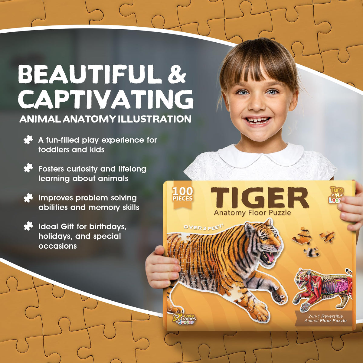 Smiling girl holds a 100-piece reversible tiger anatomy floor puzzle box, showing a tiger