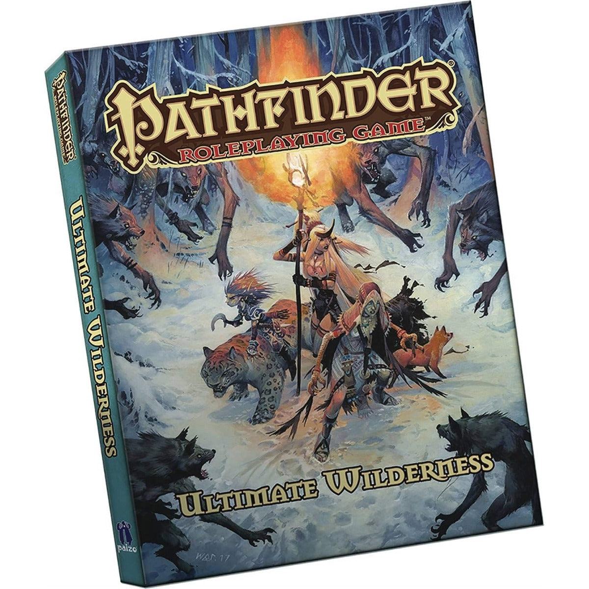 Pathfinder RPG: Ultimate Wilderness book cover, fantasy adventurers with a leopard companion fight a pack of wolves in a snowy forest