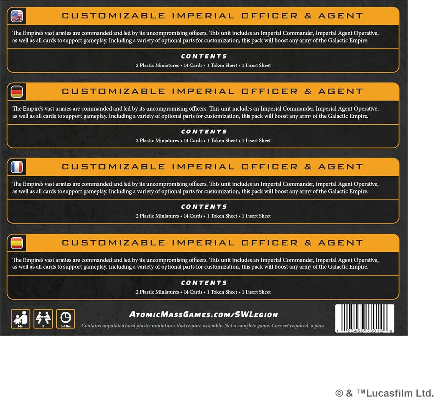 Star Wars Legion Customizable Imperial Officer & Agent expansion box back, listing contents and text in four languages