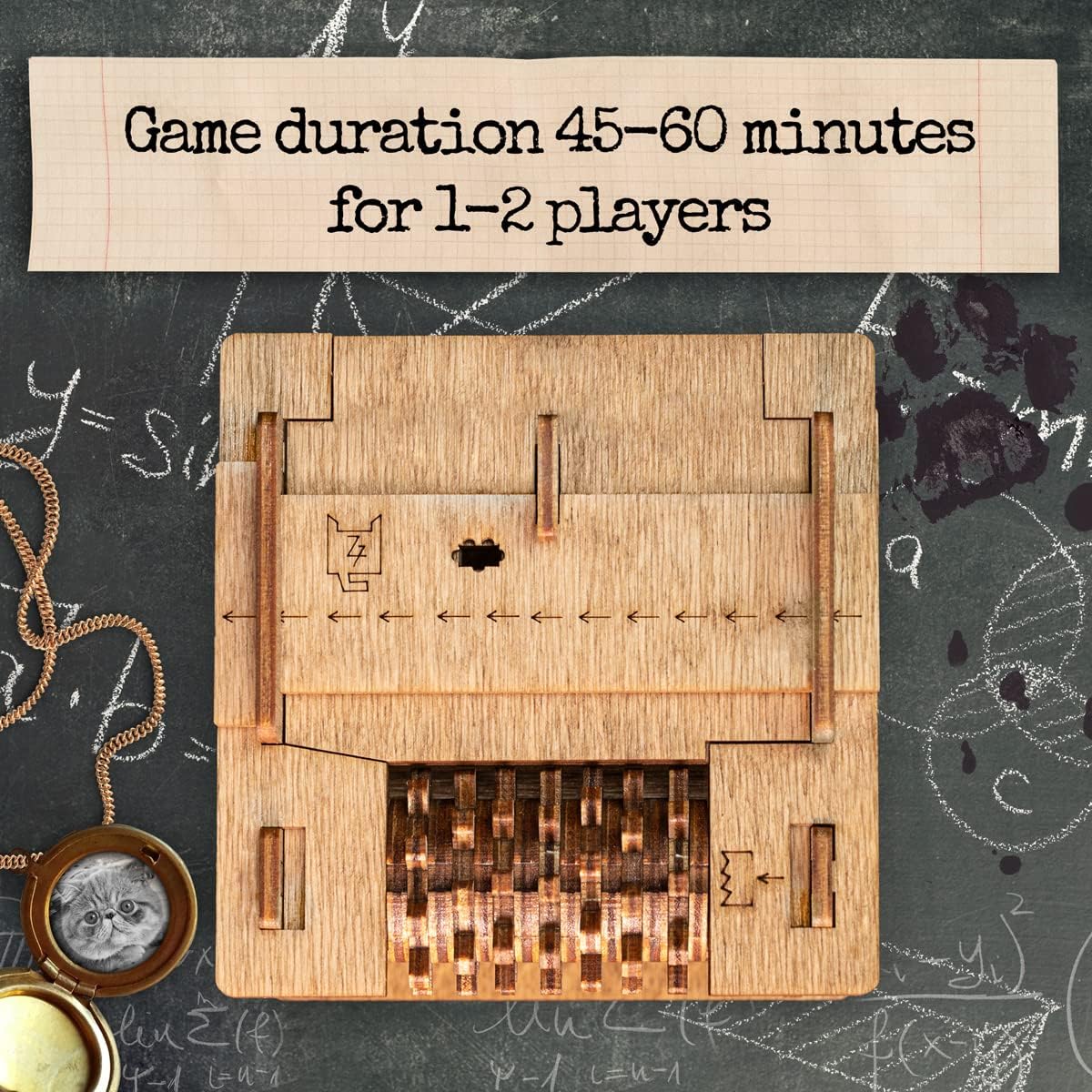 Wooden mechanical puzzle box set against a math-covered chalkboard. Text details 45-60 minute duration for 1-2 players