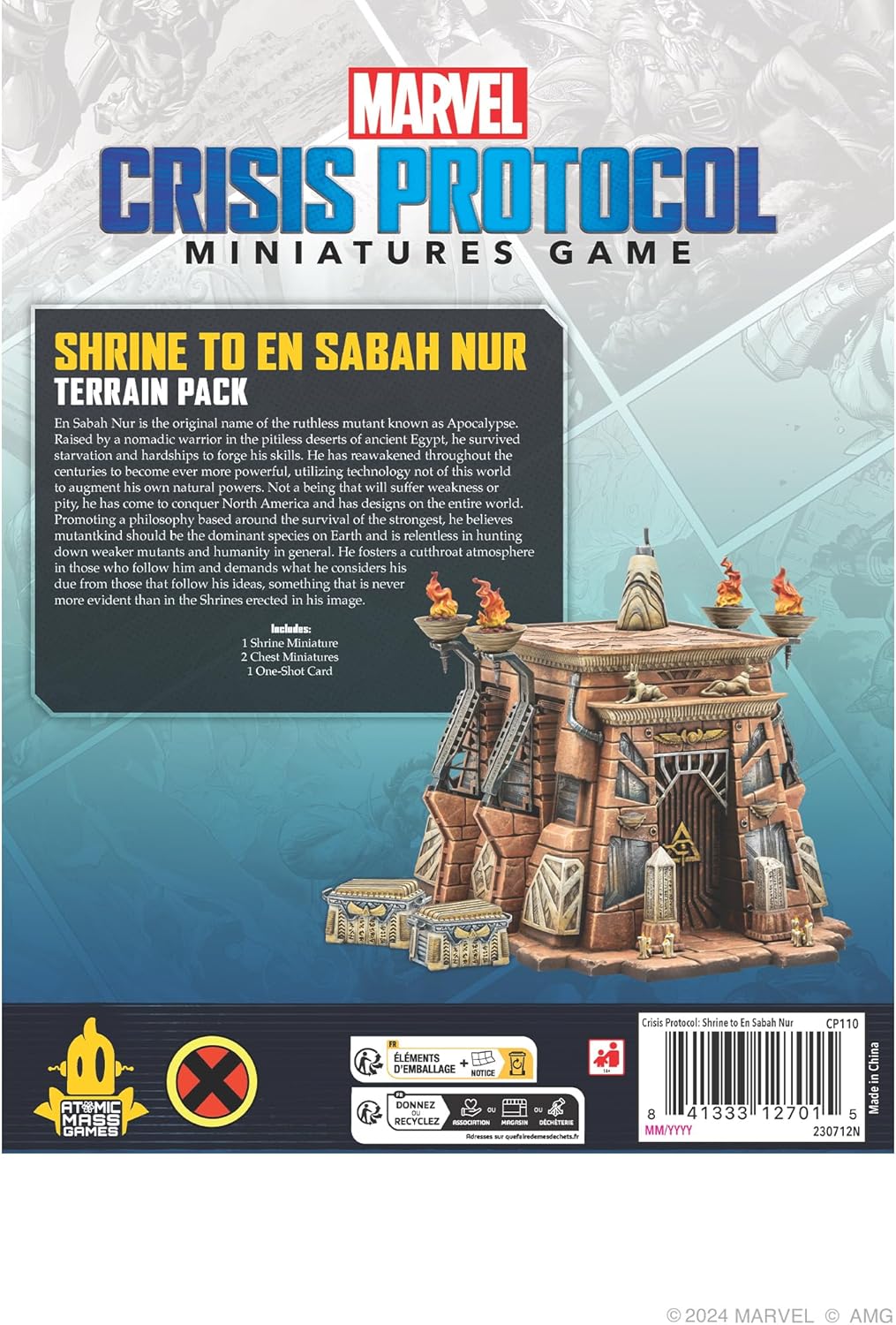 A detailed miniature of an Egyptian-style stone shrine with flaming torches, a terrain piece for Marvel Crisis Protocol