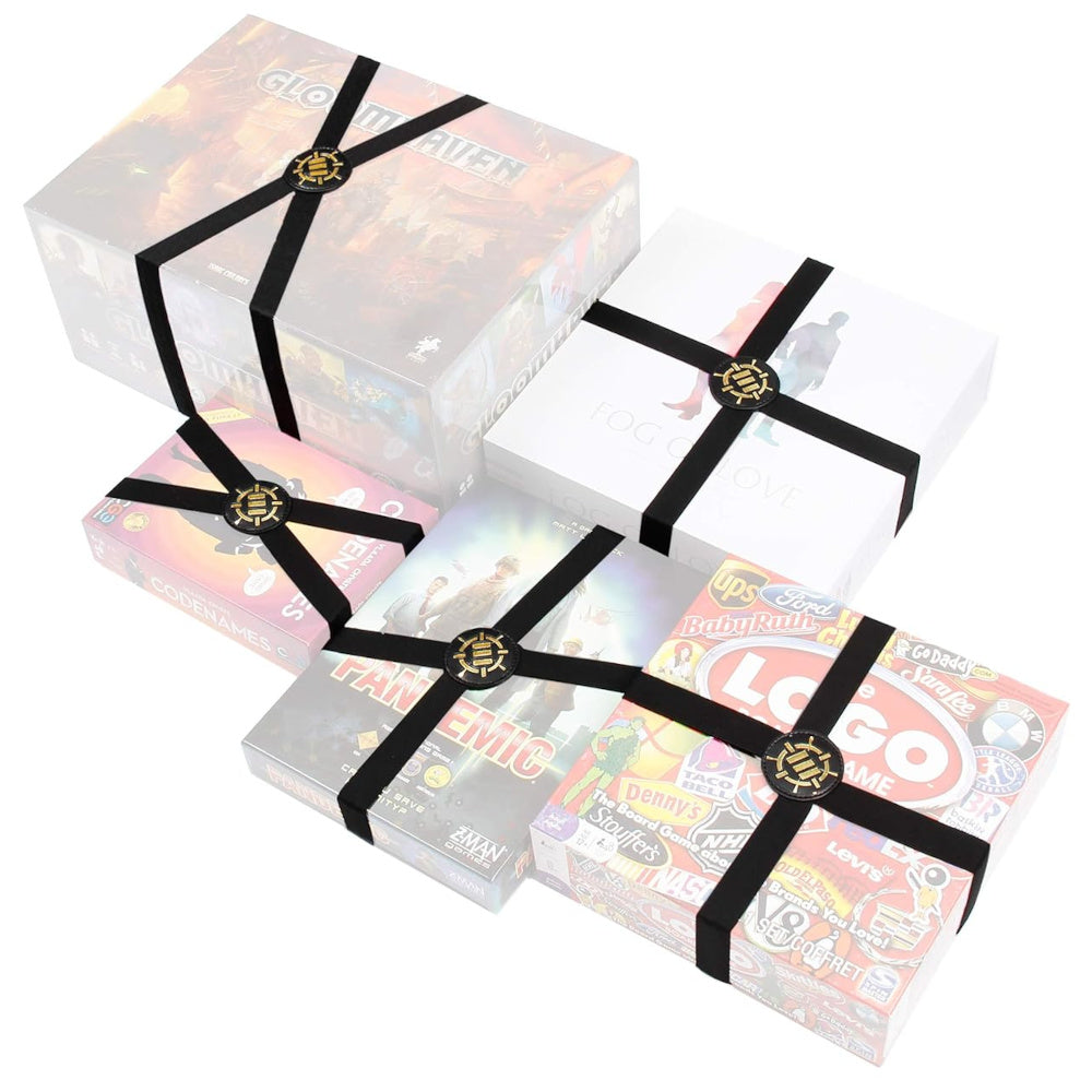 Six board game boxes, each secured with black elastic bands and a gold clasp, on a white background