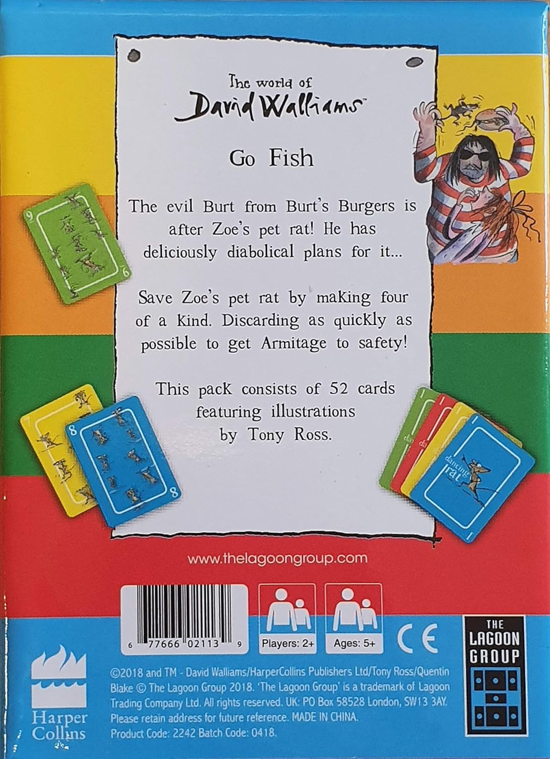 Back packaging for David Walliams' Go Fish card game, showing game description, a cartoon man and colourful cards