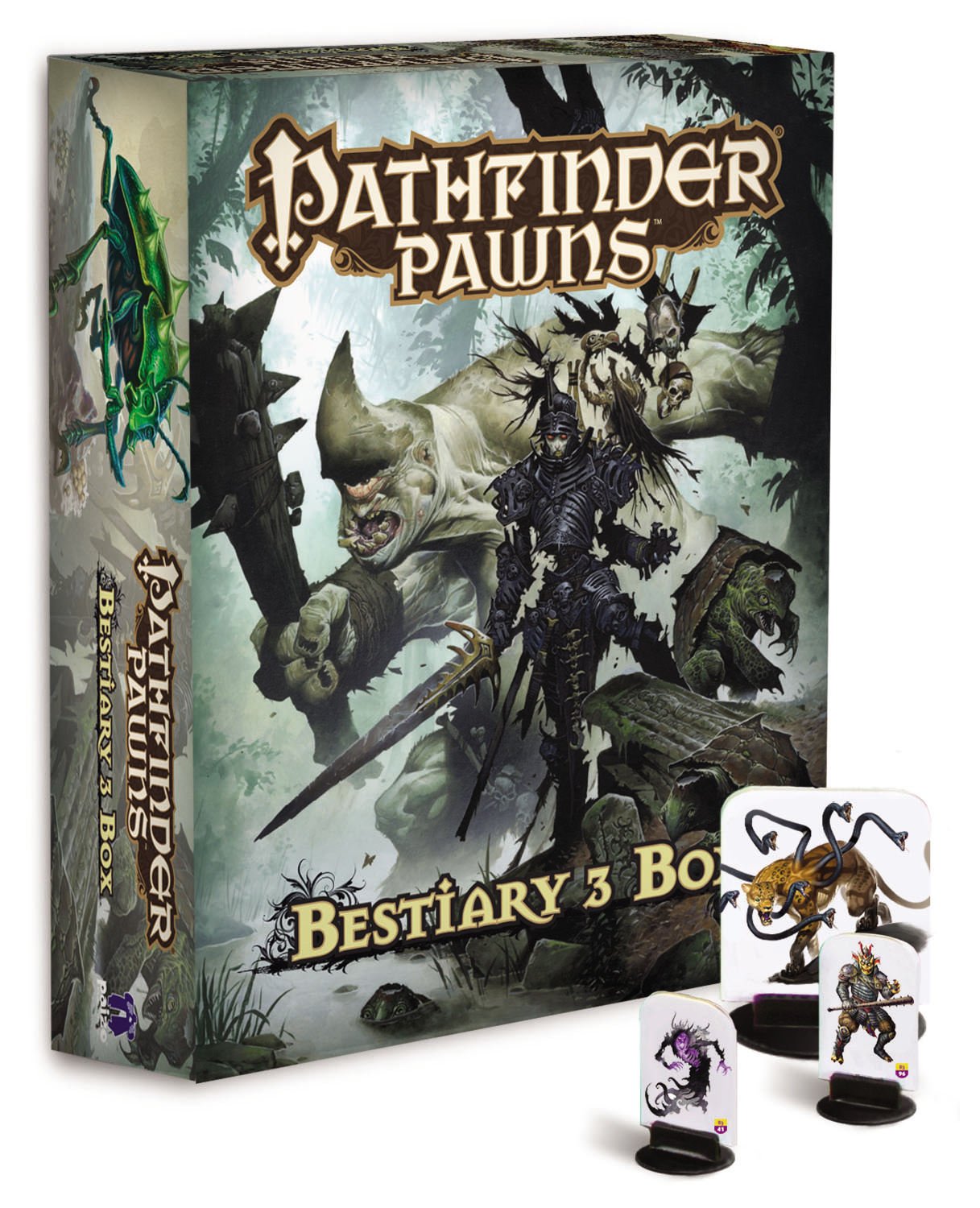 Pathfinder Pawns Bestiary 3 Box. Fantasy art depicts an ogre-like creature battling a dark warrior. Pawns are displayed.