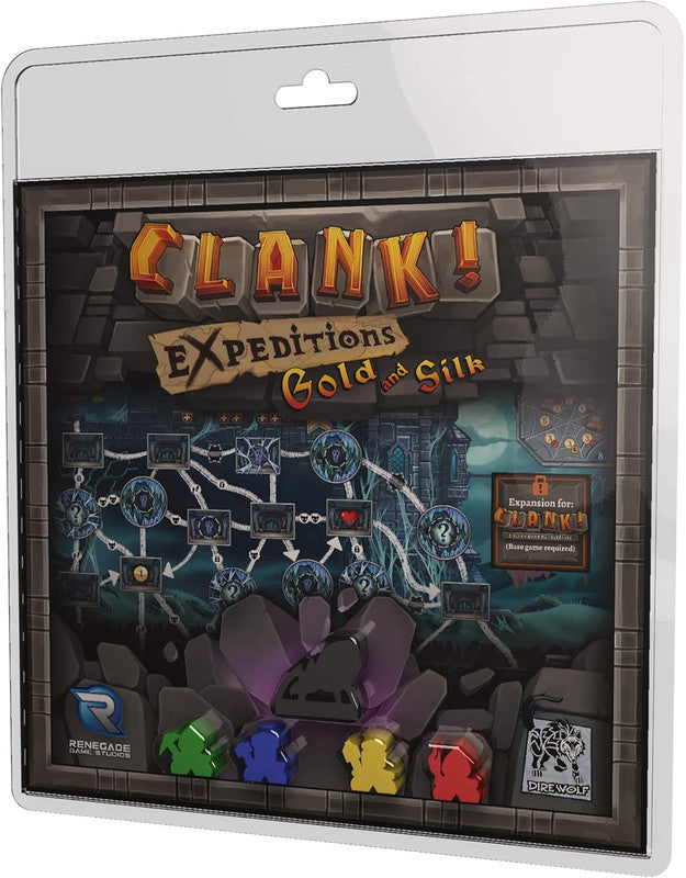Clank! Expeditions Gold and Silk board game expansion blister pack with game map and colorful pawns