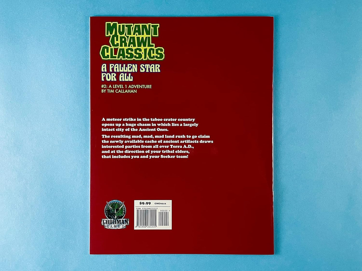 Back cover of Mutant Crawl Classics adventure "A Fallen Star for All," detailing a meteor strike revealing an ancient city