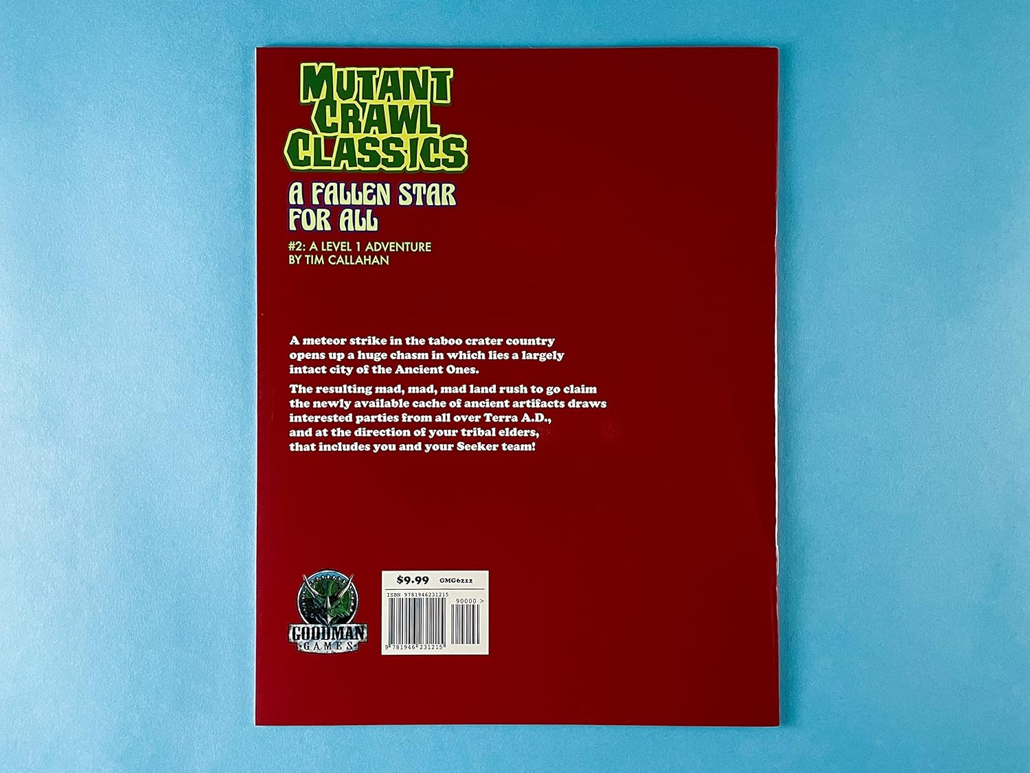 Back cover of Mutant Crawl Classics adventure "A Fallen Star for All," detailing a meteor strike revealing an ancient city