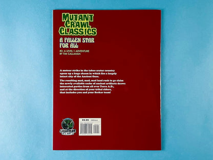 Back cover of Mutant Crawl Classics adventure "A Fallen Star for All," detailing a meteor strike revealing an ancient city