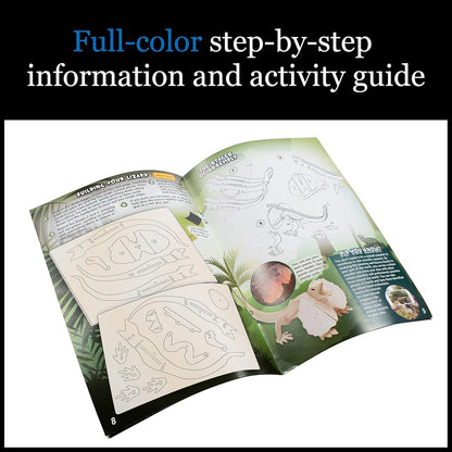 Step-by-step guide open to diagrams and instructions for assembling a frilled lizard 3D puzzle model