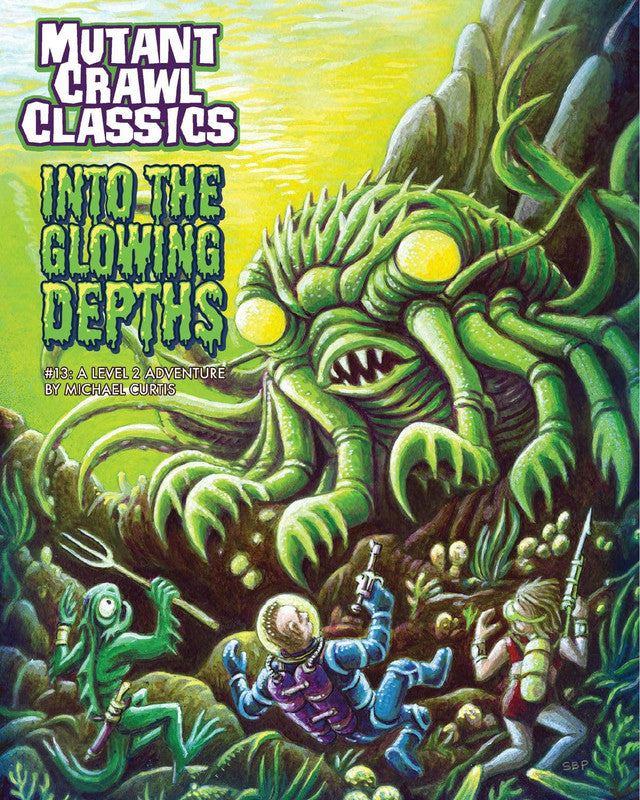 Mutant Crawl Classics cover: Giant green monster with glowing eyes emerges from the depths, menacing three underwater adventurers