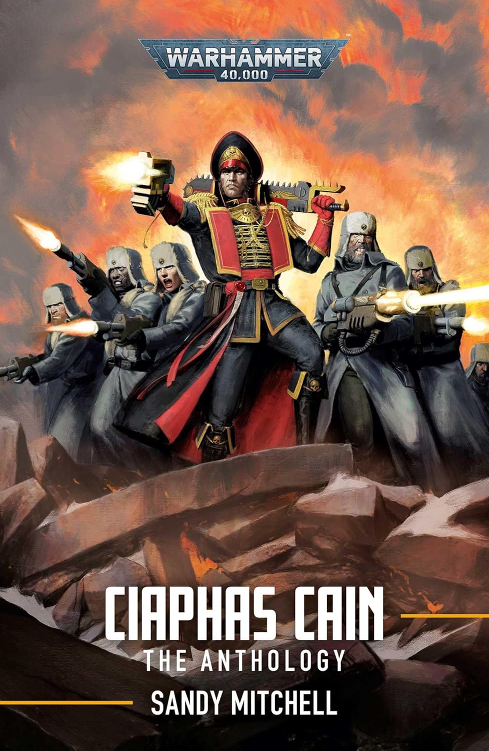 Commissar Ciaphus Cain fires a pistol, leading Imperial Guard soldiers who are firing weapons amid orange battle smoke