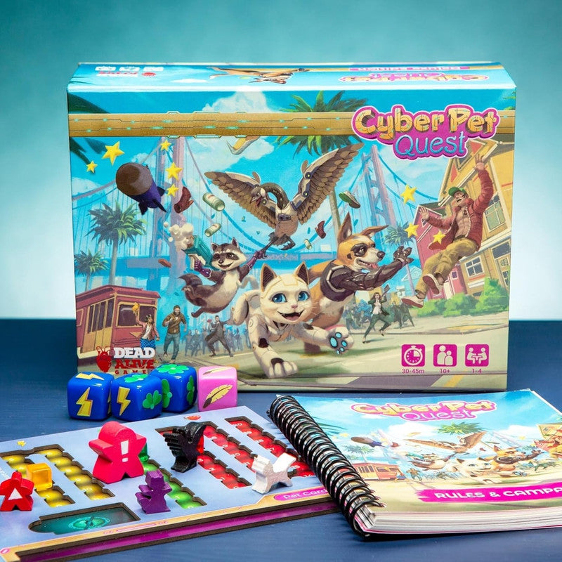 A Cyber Pet Quest board game box with vibrant art of cyber pets on an adventure, displayed with game pieces and a rulebook