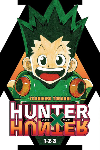 Hunter x Hunter manga cover: Gon -  a boy with spiky green hair -  wide eyes -  and a large -  joyful smile in a green outfit