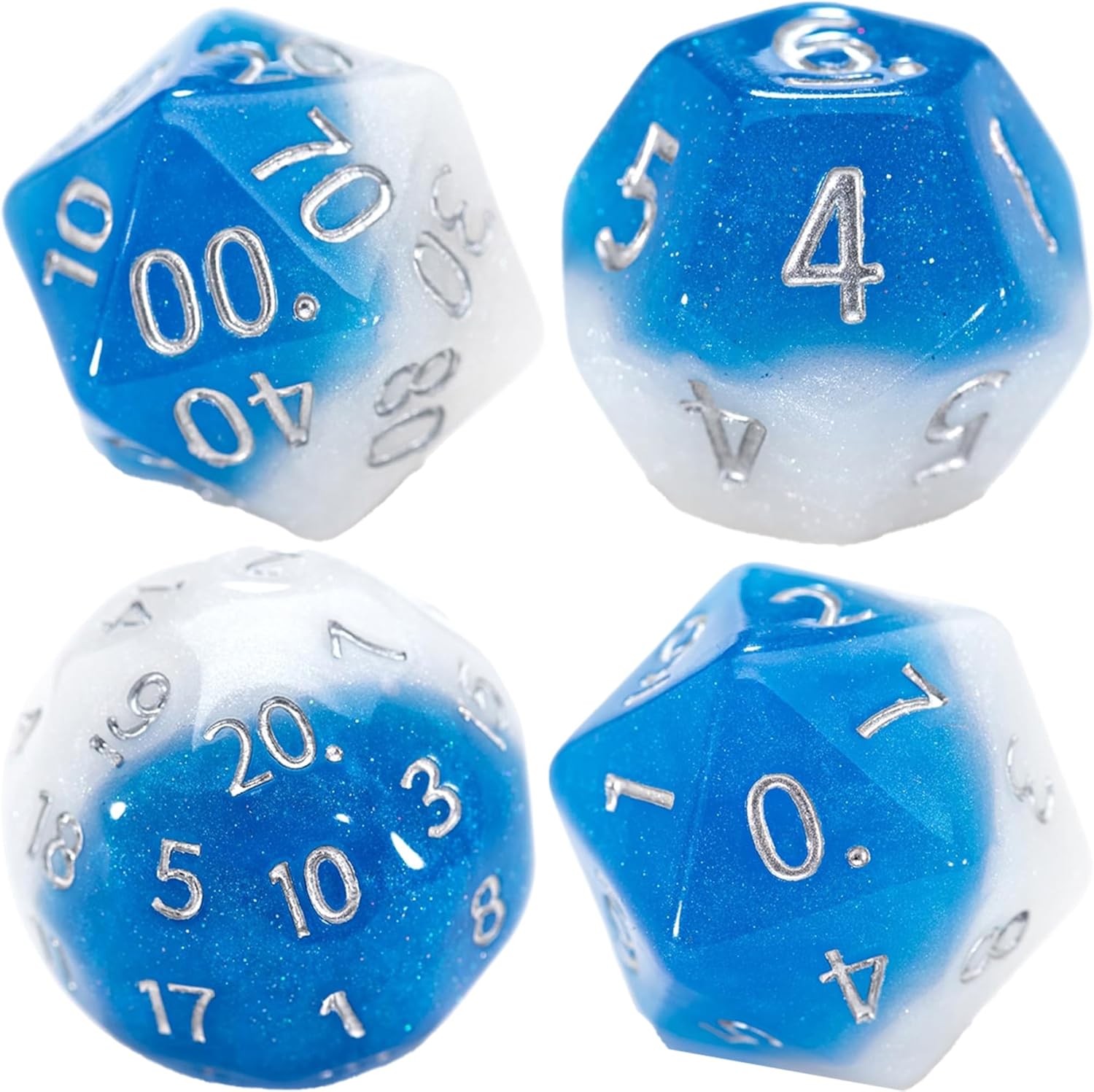 Four two-tone blue and white glitter polyhedral dice with silver numbers