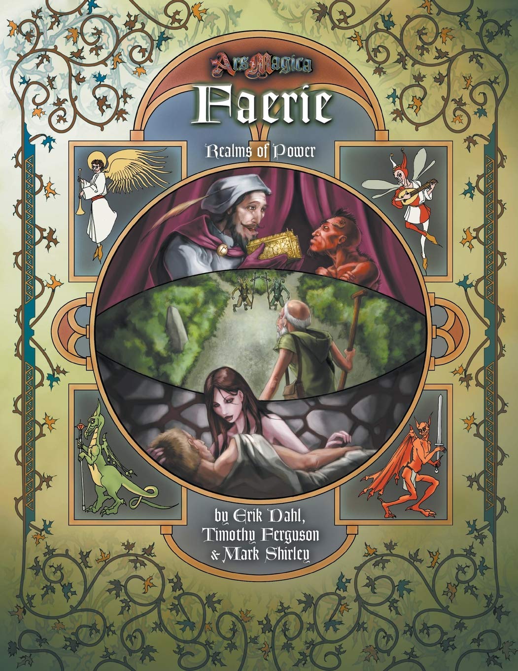Ars Magica Faerie Realms of Power sourcebook cover featuring mystical scenes an angel a faerie playing music and mythical creatures