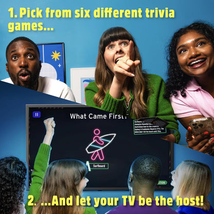 Diverse group of friends reacting excitedly to a TV screen displaying an interactive trivia game question