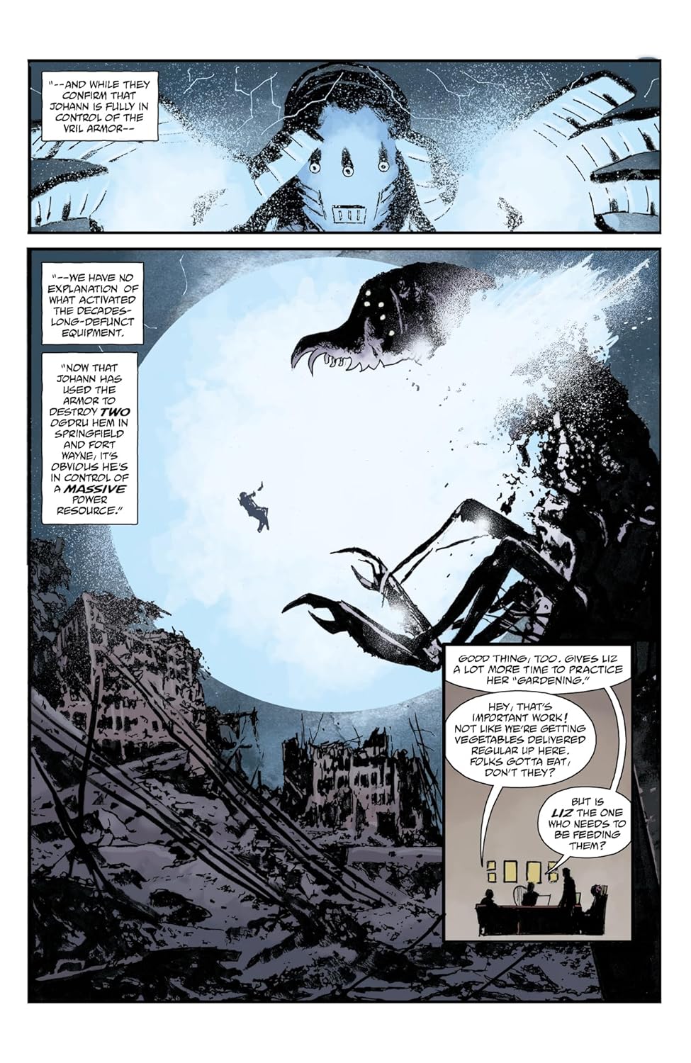 Johann in blue Vril armor blasts a dissolving black Ogdru Hem monster over a ruined city