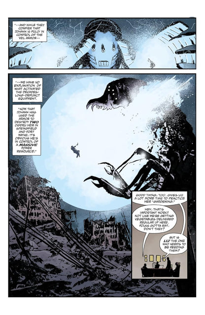 Johann in blue Vril armor blasts a dissolving black Ogdru Hem monster over a ruined city