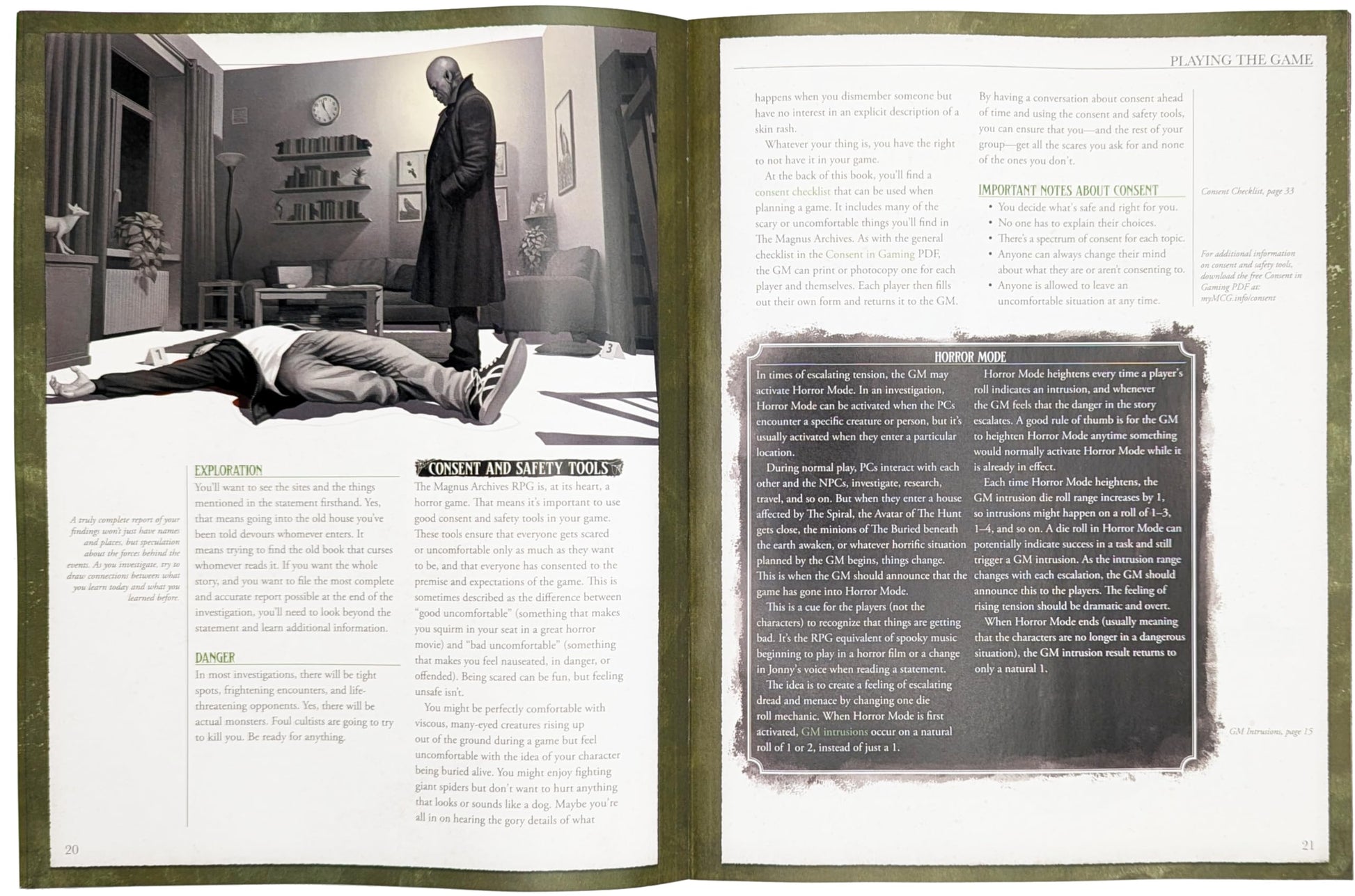 A man in a long coat stands over a body in a pool of blood on a room floor, resembling a crime scene