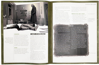 A man in a long coat stands over a body in a pool of blood on a room floor, resembling a crime scene