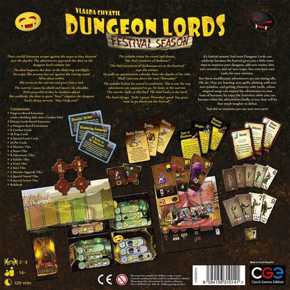 Back of the "Dungeon Lords: Festival Season" board game box, displaying game components: cards, board, and descriptive text