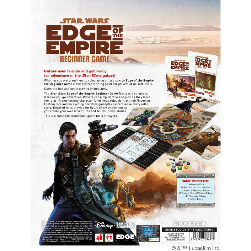Back of cover Star Wars: Edge of the Empire Beginner Game shows a character aiming a blaster, a droid, and game components