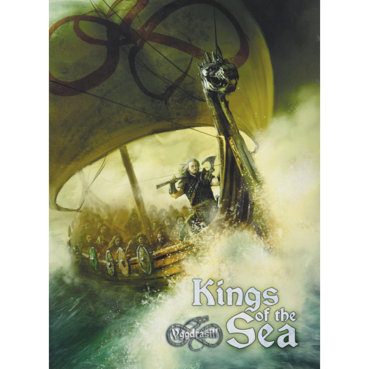 Viking longship with a warrior wielding an axe at the prow, charging through crashing waves