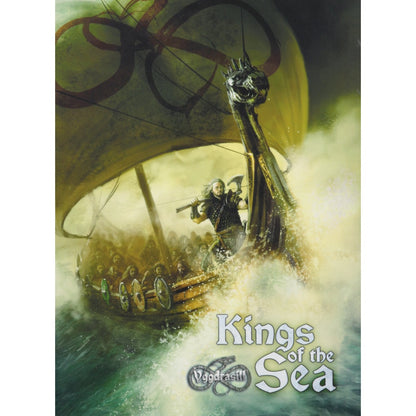 Viking longship with a warrior wielding an axe at the prow, charging through crashing waves
