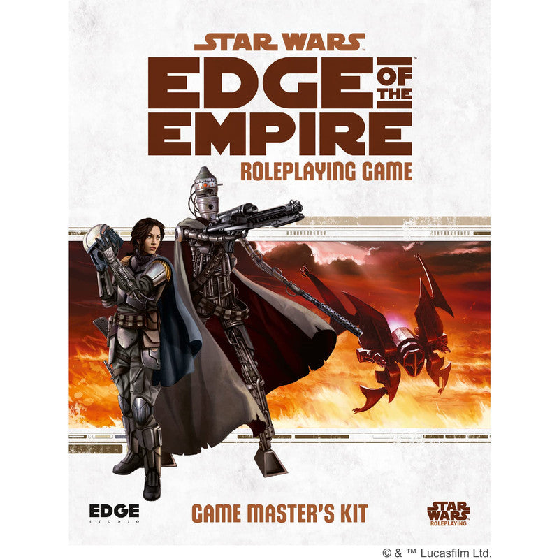 Star Wars Edge of the Empire RPG kit front cover: an armored woman holding a helmet and a tall droid with a rifle, against a red sky