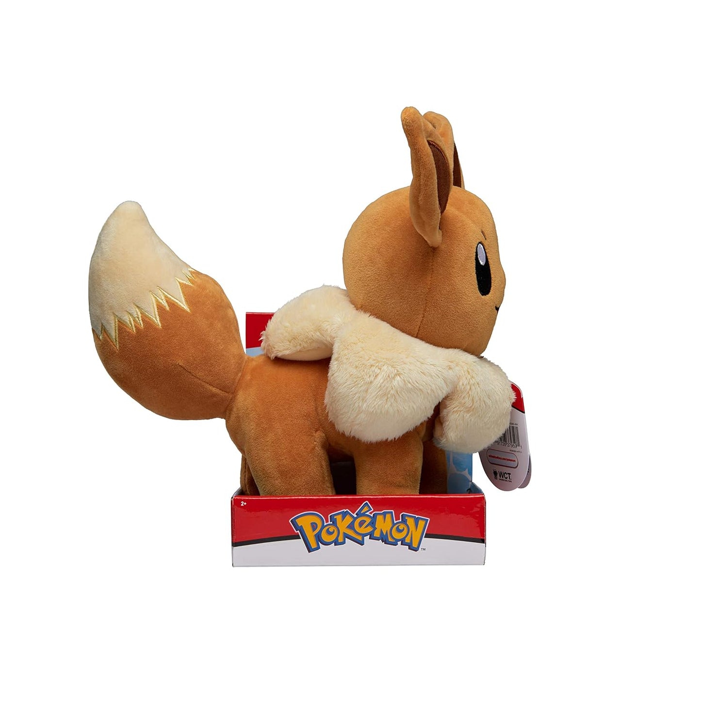 Eevee Pokemon plush toy, brown with a cream ruff, standing in the open red and white retail box
