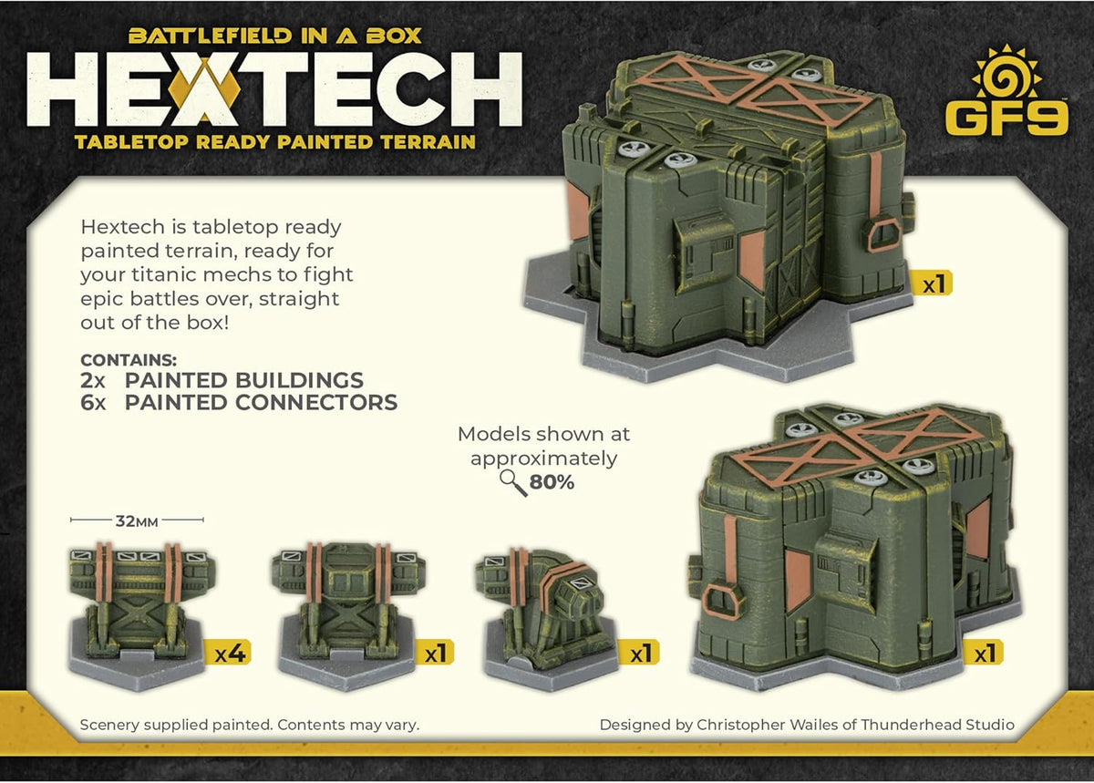 Hextech Battlefield in a Box: green painted sci-fi modular buildings and connectors for tabletop gaming.