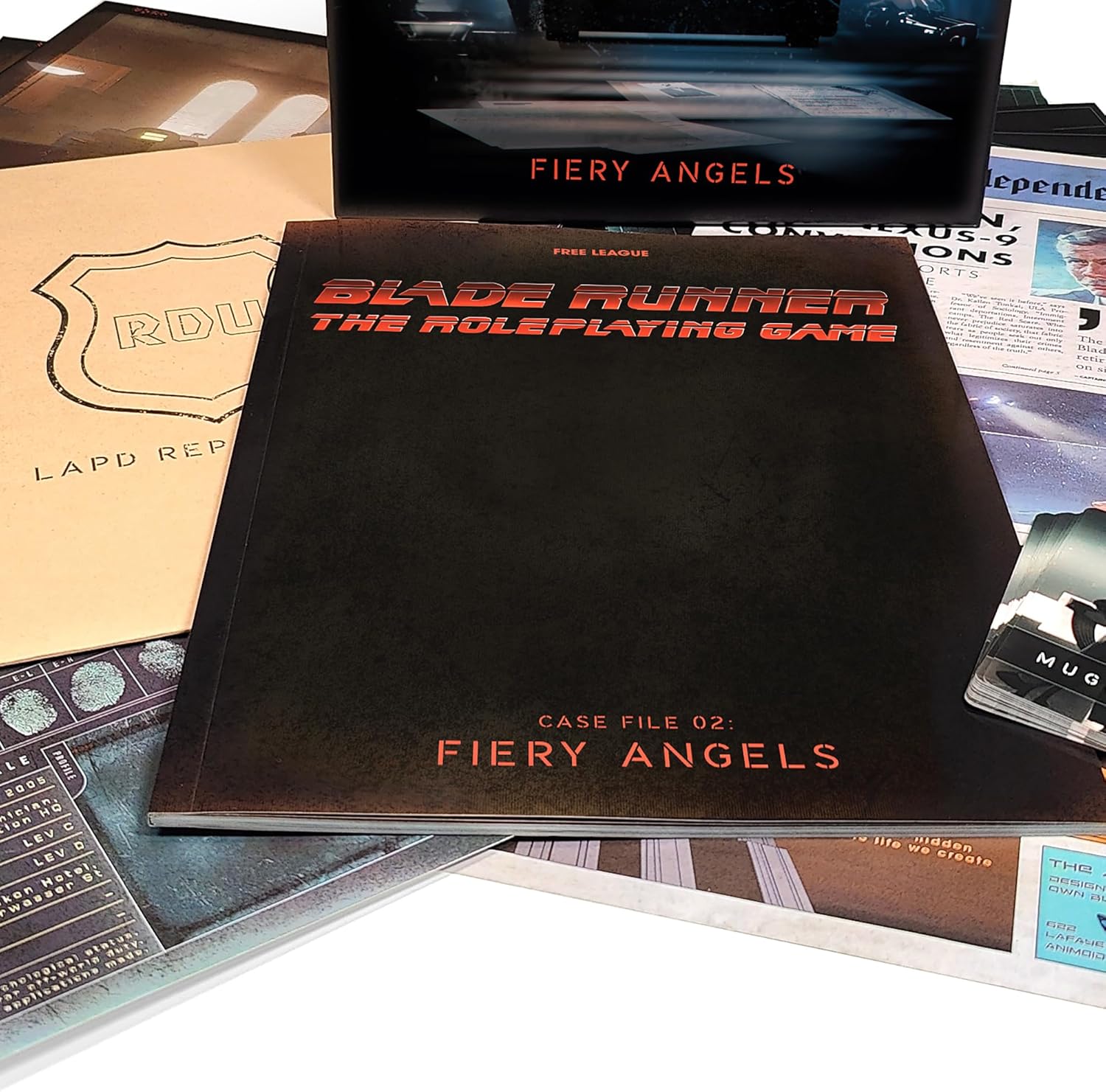 Blade Runner Roleplaying Game's 'Fiery Angels' case file, police reports and game components laid out