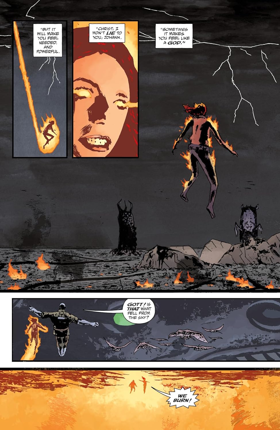 A woman engulfed in flames descends from a stormy sky -  then floats above a desolate -  burning landscape