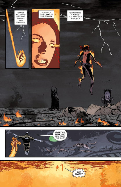 A woman engulfed in flames descends from a stormy sky -  then floats above a desolate -  burning landscape