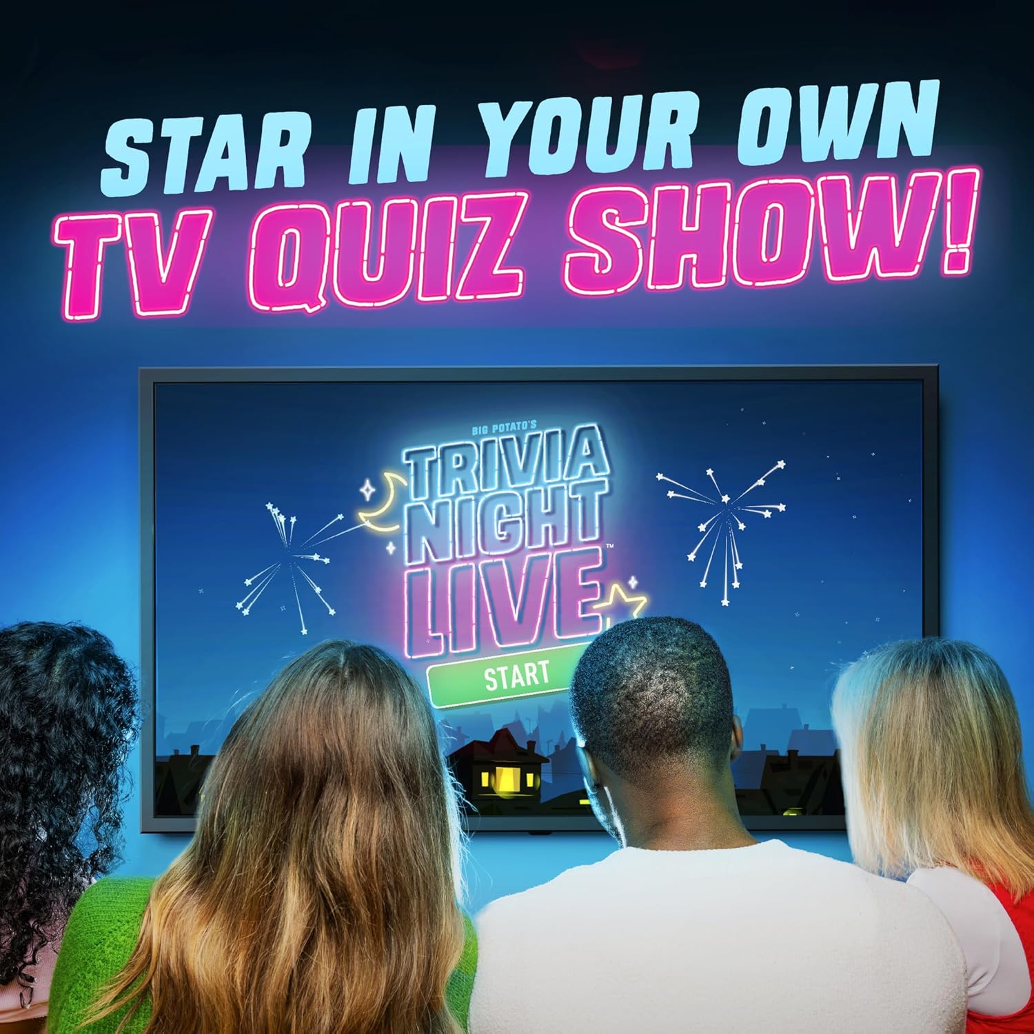 Four people watch "Trivia Night Live" on TV. Text reads: "Star in your own TV Quiz Show!"
