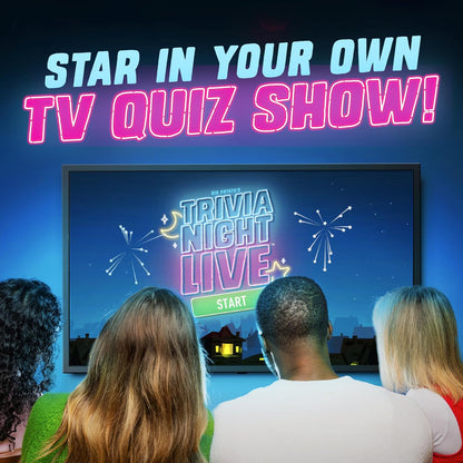 Four people watch "Trivia Night Live" on TV. Text reads: "Star in your own TV Quiz Show!"