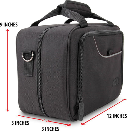 Black textile carrying case with a top handle, zippered compartments, and D-ring