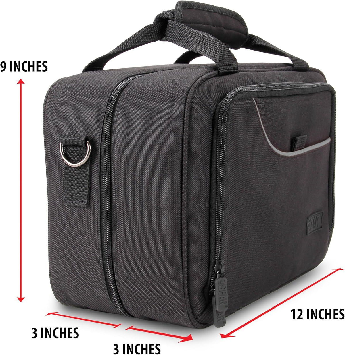Black textile carrying case with a top handle, zippered compartments, and D-ring