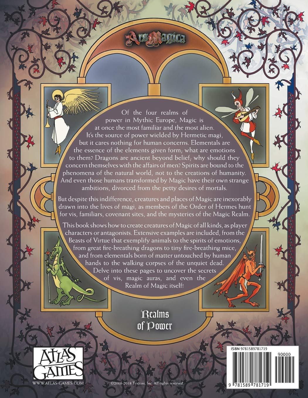 Ars Magica Fifth Edition Realms of Power Magic sourcebook cover featuring mythical creatures like an angel satyr dragon and demon within ornate golden frames