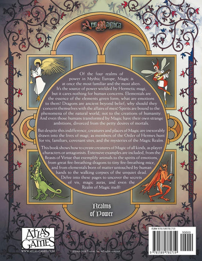 Ars Magica Fifth Edition Realms of Power Magic sourcebook cover featuring mythical creatures like an angel satyr dragon and demon within ornate golden frames