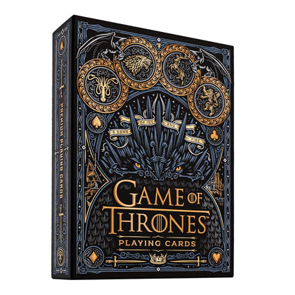 Game of Thrones premium playing cards box. Black and gold artwork depicts house sigils and swords