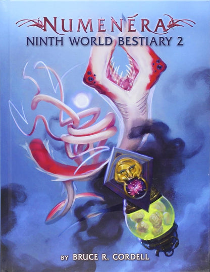 Numenera Ninth World Bestiary 2 book cover shows a pale, fanged monster with a gaping maw, red tendrils, and a glowing jar