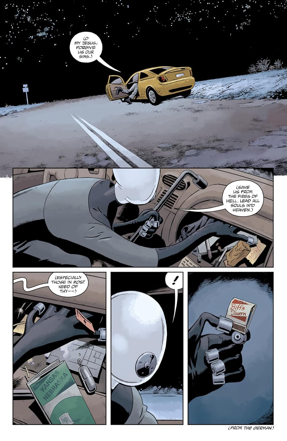 A white-headed figure rummages through a yellow car's glove compartment on a dark road at night
