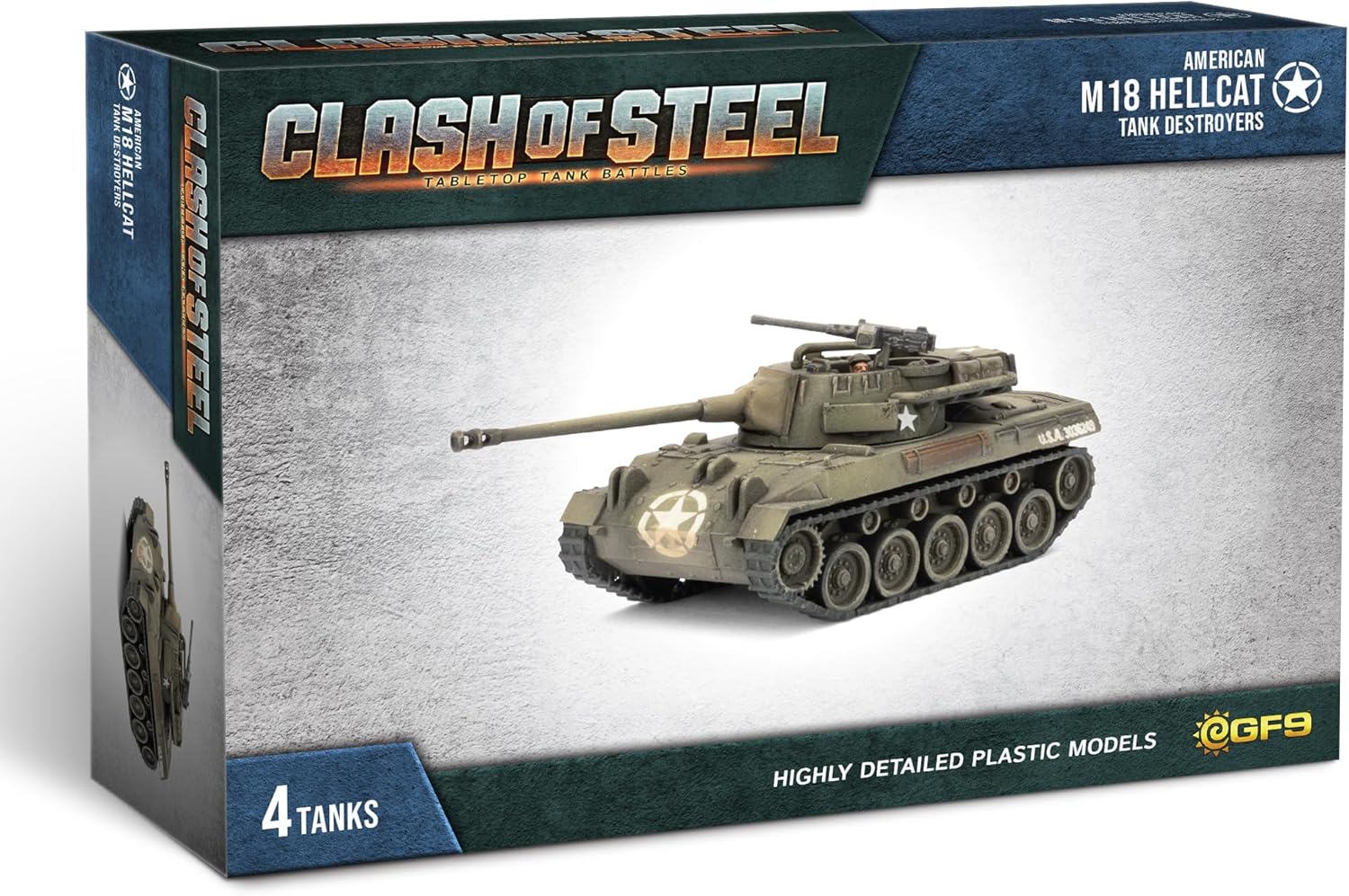 A "Clash of Steel" game box displaying a detailed M18 Hellcat tank model and contains 4 plastic tank destroyers